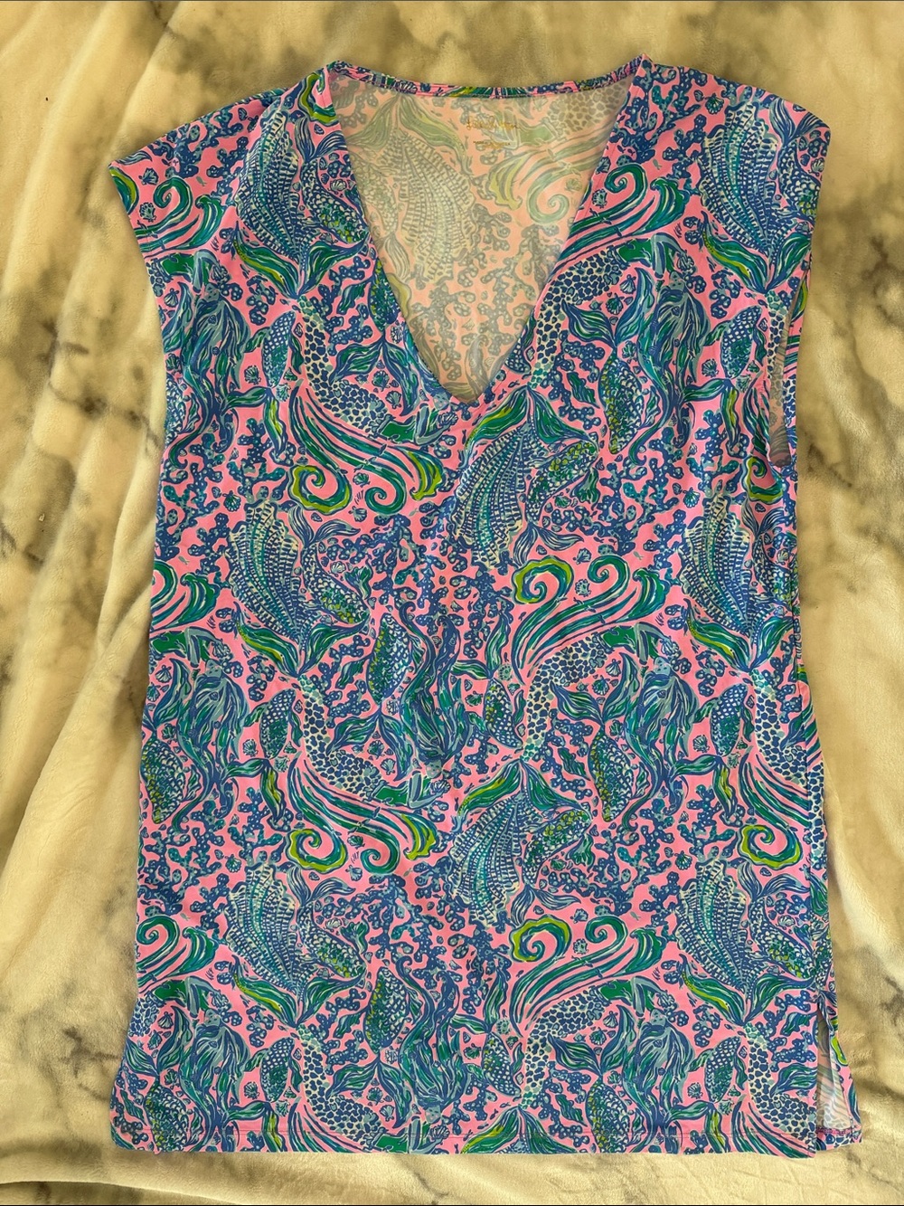 Lilly Pulitzer Pink V-Neck Tank with Blue & Green Paisley Print